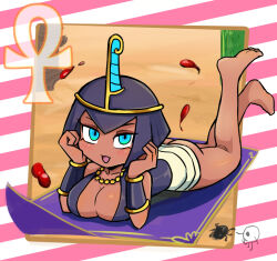 Rule 34 | 1girl, ankh, ass, barefoot, black hair, blanket, blood, blue eyes, bob cut, breasts, cactus, cleavage, dark-skinned female, dark skin, eliza (skullgirls), imeni-art, jewelry, large breasts, looking at viewer, lying, necklace, on stomach, open mouth, sand, scarab, short hair, skullgirls, smile, solo, striped, striped background, tiara, vambraces
