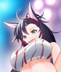 Rule 34 | 1girl, ahoge, animal ears, arknights, asymmetrical bangs, bad id, bad pixiv id, black hair, blaze (arknights), blaze (burst feline) (arknights), blue eyes, breasts, cat ears, chinese commentary, commentary, commentary request, crop top, english commentary, fang, from below, headset, implied extra ears, large breasts, lingshalan, long hair, looking at viewer, mixed-language commentary, official alternate costume, open mouth, shirt, single hair intake, skin fang, solo, upper body, white shirt