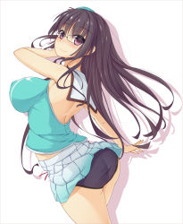 Rule 34 | 10s, 1girl, ass, black gloves, black hair, black panties, breasts, brown hair, choukai (kancolle), choukai kai ni (kancolle), glasses, gloves, hair ornament, hat, highres, impossible clothes, impossible shirt, kantai collection, large breasts, long hair, midriff, panties, papino, pleated skirt, red eyes, rimless eyewear, shirt, skirt, smile, solo, underwear