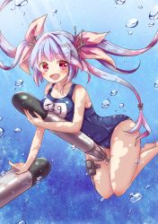 Rule 34 | 10s, 1girl, bare arms, bare legs, bare shoulders, barefoot, blush, breasts, collarbone, emilion, eyebrows, fang, full body, gradient hair, holding, holding torpedo, i-19 (kancolle), kantai collection, large breasts, light rays, long hair, looking at viewer, multicolored hair, name tag, one-piece swimsuit, open mouth, pink eyes, pink ribbon, ribbon, school swimsuit, sleeveless, smile, solo, swimsuit, thigh gap, torpedo, tri tails, two-tone hair, underwater