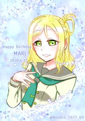Rule 34 | 1girl, artist name, artist request, blonde hair, blush, bow, braid, breasts, brown eyes, crown braid, detached sleeves, female focus, green neckwear, hair rings, hand on chest, highres, long hair, long sleeves, looking at viewer, love live!, love live! sunshine!!, nozoeli 1021, ohara mari, parted lips, sailor collar, school uniform, shirt, short hair, small breasts, smile, solo, thighhighs, uranohoshi school uniform, white shirt, yellow eyes, zettai ryouiki