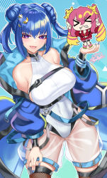 Rule 34 | &gt; &lt;, 2girls, :d, absurdres, arms up, bare shoulders, bike shorts, black choker, blonde hair, blue background, blue coat, blue hair, blue nails, bracelet, breasts, chest belt, chibi, chibi inset, choker, coat, collarbone, commentary, covered navel, cowboy shot, crescent, crescent hair ornament, cropped vest, double bun, duel monster, earrings, evil twin lil-la, eyeshadow, fishnet thighhighs, fishnets, gluteal fold, groin, hair between eyes, hair bun, hair ornament, hand on own thigh, hand up, highres, jacket, jewelry, ki-sikil (yu-gi-oh!), large breasts, leotard, lil-la (yu-gi-oh!), live twin ki-sikil, long hair, long sleeves, looking at viewer, makeup, midriff, multicolored hair, multiple girls, nail polish, nez-box, off shoulder, official alternate costume, open mouth, partially unzipped, pink footwear, pink hair, purple eyes, red eyeshadow, red jacket, ribbed leotard, see-through, shoes, sidelocks, signature, skindentation, smile, standing, star (symbol), star hair ornament, thighhighs, twintails, underbust, vest, white leotard, yu-gi-oh!
