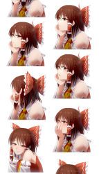 Rule 34 | 1girl, bad id, bad tumblr id, blush, bow, brown hair, detached sleeves, hair bow, hair ribbon, hair tubes, hakurei reimu, highres, japanese clothes, looking at viewer, miko, nathaniel pennel, ribbon, short hair, simple background, smile, solo, touhou, white background