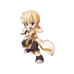 Rule 34 | 1girl, beads, black footwear, black shorts, blonde hair, blue eyes, chibi, clenched hands, coat, fighting stance, full body, gold trim, holding, holding jewelry, holding necklace, hood, hood down, hooded coat, jewelry, looking at viewer, medium bangs, monk (ragnarok online), necklace, official art, open clothes, open coat, open mouth, prayer beads, ragnarok online, rope belt, shoes, short hair, short sleeves, shorts, simple background, solo, standing, tachi-e, transparent background, v-shaped eyebrows, white coat, yuichirou