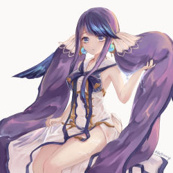 Rule 34 | 1girl, bikini, blue eyes, blue hair, blush, dress, earrings, fins, hair ornament, highres, jewelry, long hair, looking at viewer, ningyo hime (sinoalice), nomi (kurocxx110), open mouth, ribbon, see-through, see-through dress, signature, simple background, sinoalice, sitting, solo, swimsuit, twintails, water drop, wet, white background