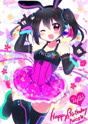 Rule 34 | 1girl, ;d, animal ear headphones, animal ears, bangle, black hair, blush, boots, bracelet, character name, dated, double m/, dress, elbow gloves, fake animal ears, fingerless gloves, gloves, happy birthday, headphones, jewelry, looking at viewer, love live!, love live! school idol festival, love live! school idol project, m/, mikurun (otome no hanikami), one eye closed, open mouth, purple eyes, rabbit ear headphones, rabbit ears, ribbon, sleeveless, smile, solo, thigh boots, thighhighs, twintails, yazawa nico