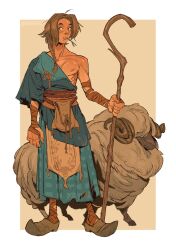 Rule 34 | 1boy, bandaged wrist, bandages, blue eyes, blue robe, border, braid, brown background, brown footwear, full body, gobifrip, highres, holding, holding staff, kilt, long hair, looking to the side, mouth hold, nipples, original, pointy footwear, robe, sheep, shepherd&#039;s crook, simple background, single braid, staff, stalk in mouth, white border