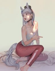 Rule 34 | 1girl, animal ears, banned artist, bare arms, barefoot, bed sheet, breasts, brown headwear, camisole, chin strap, cleavage, collarbone, full body, gold ship (umamusume), horse ears, horse girl, horse tail, large breasts, long hair, looking to the side, mifu (b24vc1), on bed, open mouth, pants, purple eyes, red pants, silver hair, sitting, solo, tail, umamusume, white camisole
