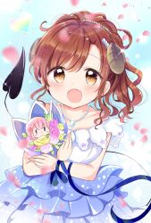 Rule 34 | 1girl, 2021, alternate costume, alternate hairstyle, arm ribbon, beads, blue dress, blue ribbon, blurry, blush, bouquet, brown eyes, brown hair, character print, chiyoda momo, commentary request, cowboy shot, crossed arms, curled horns, dated commentary, demon girl, demon horns, demon tail, depth of field, dress, eyelashes, eyes visible through hair, falling petals, fang, flower, formal, hair beads, hair ornament, heart, highres, holding, holding bouquet, horns, jewelry, light blue background, long hair, long ribbon, looking at viewer, machikado mazoku, nanami ayane (kusunoki5050), necklace, open mouth, pearl necklace, petals, petticoat, ponytail, ribbon, simple background, skin fang, sleeveless, sleeveless dress, smile, solo, sparkle, standing, swept bangs, tail, tail raised, tareme, wavy hair, yoshida yuuko (machikado mazoku)