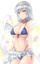 Rule 34 | 1girl, bare arms, bare shoulders, bikini, bikini skirt, blue bikini, braid, breasts, collarbone, commentary request, cowboy shot, feathered wings, flower, french braid, front-tie bikini top, front-tie top, grey eyes, halterneck, highleg, highleg bikini, highres, kishin sagume, large breasts, looking at viewer, navel, one-hour drawing challenge, purple flower, short hair, silver hair, single wing, solo, standing, stomach, swimsuit, thighs, touhou, white background, white wings, wings, y2