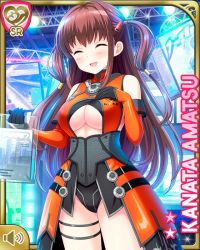 Rule 34 | 1girl, :d, amatsu kanata, black leotard, black thighhighs, breasts, brown hair, card, character name, cosplay, day, elbow gloves, closed eyes, game show, girlfriend (kari), gloves, hair ornament, hairclip, indoors, leotard, long hair, official art, open mouth, orange gloves, qp:flapper, red eyes, smile, solo, standing, tagme, thighhighs, underboob