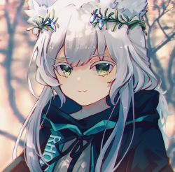 Rule 34 | 1girl, alice (openhexagon), animal ears, arknights, black cape, cape, cat ears, cat girl, clothes writing, green eyes, grey hair, head wreath, highres, long hair, looking at viewer, portrait, rosmontis (arknights), shirt, sidelocks, smile, solo, white shirt