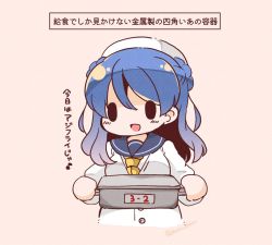 Rule 34 | 1girl, alternate costume, apron, bloom2425, blue hair, blue sailor collar, commentary request, double bun, hair bun, hat, kantai collection, kappougi, neckerchief, one-hour drawing challenge, sailor collar, sailor hat, solid oval eyes, solo, translation request, upper body, urakaze (kancolle), white hat, yellow neckerchief
