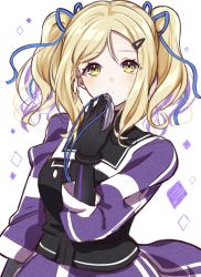 Rule 34 | 1girl, black dress, black gloves, blonde hair, blue ribbon, blush, closed mouth, diamond (shape), dot mouth, dress, gloves, hair ornament, hair ribbon, hairclip, hand up, highres, long sleeves, looking at viewer, love live!, love live! sunshine!!, multicolored clothes, multicolored dress, nky4321, ohara mari, parted bangs, purple dress, ribbon, simple background, solo, white background, white dress, yellow eyes