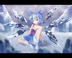 Rule 34 | 1girl, bloomers, blue bow, blue dress, blue eyes, blue hair, bow, cirno, commentary request, dress, hair bow, ice, ice crystal, ice wings, letterboxed, off shoulder, ryogo, snow, snowing, socks, solo, touhou, underwear, v-shaped eyebrows, white socks, wings