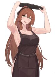 Rule 34 | 1girl, apron, armpits, arms up, breasts, brown apron, brown hair, corrupted twitter file, girls&#039; frontline, green eyes, hair ornament, highres, holding, holding tray, large breasts, long hair, naked apron, seilindekos, sideboob, smile, solo, springfield (girls&#039; frontline), tray, very long hair, white background