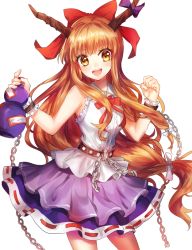 Rule 34 | 1girl, belt, bow, chain, clenched hand, collared shirt, cowboy shot, frills, gourd, hair bow, hair ribbon, horn bow, horns, ibuki suika, long hair, looking at viewer, low-tied long hair, miniskirt, open mouth, orange hair, purple bow, purple skirt, red bow, ribbon, shirt, skirt, sleeveless, sleeveless shirt, smile, solo, touhou, tress ribbon, very long hair, white background, white shirt, wrist cuffs, yellow eyes, yuli (yulipo)