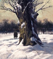 Rule 34 | 1other, bare tree, boots, brown coat, cane, coat, commentary, day, english commentary, fence, gazedsoul, hat, highres, holding, holding cane, knee boots, open clothes, open coat, original, outdoors, scenery, snow, solo, standing, tree, tricorne, winter
