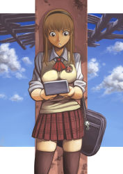 Rule 34 | 1girl, ascot, bag, bag charm, black thighhighs, blue sky, breasts, charm (object), cloud, day, hairband, handheld game console, large breasts, light brown hair, long hair, nintendo ds, okayado, original, plaid, plaid skirt, playing games, pleated skirt, school bag, school uniform, skirt, sky, sleeves rolled up, solo, sweater vest, thighhighs