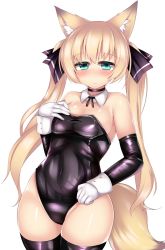 Rule 34 | 1girl, animal ears, aqua eyes, bare shoulders, blonde hair, blush, breasts, choker, detached collar, detached sleeves, fox ears, fox tail, gloves, highres, kutan, leotard, long hair, looking at viewer, nontraditional playboy bunny, original, playboy bunny, shiny clothes, solo, tail, thighhighs, transparent background, twintails