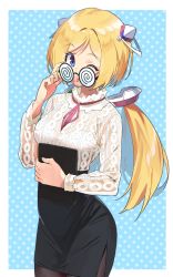 Rule 34 | 1girl, adjusting eyewear, aki rosenthal, bespectacled, blonde hair, blush, bob cut, breasts, coke-bottle glasses, detached hair, elf, glasses, headgear, highres, hololive, long hair, low twintails, one eye closed, open mouth, pantyhose, parted bangs, pointy ears, purple eyes, short hair, skirt, smile, solo, twin (tt lsh), twintails, virtual youtuber