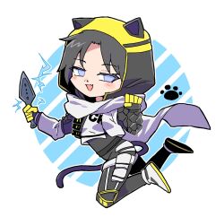 Rule 34 | 1girl, airborne, animal hood, animification, apex legends, black bodysuit, blue eyes, bodysuit, cat hood, cat tail, chibi, electricity, fang, highres, holding, holding knife, hood, knife, kunai, looking at viewer, nojima minami, nose piercing, official alternate costume, open mouth, parted bangs, paw print, piercing, scarf, skin fang, smile, solo, tail, void prowler wraith, weapon, white background, white scarf, wraith&#039;s kunai, wraith (apex legends)