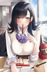Rule 34 | 1girl, beige vest, black jacket, blue eyes, blush, bulletin board, classroom, collared shirt, commentary request, desk, food, food in mouth, gift, highres, holding, holding pencil, in mouth, indoors, jacket, long hair, looking at viewer, notebook, original, parted bangs, pencil, pocky, pocky in mouth, pov, school desk, shirt, sino42, sleeves rolled up, swept bangs, valentine, window