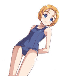 Rule 34 | 10s, 1girl, arms behind back, blue eyes, blue one-piece swimsuit, braid, chikuwa (majihima), dutch angle, girls und panzer, one-piece swimsuit, orange hair, orange pekoe (girls und panzer), school swimsuit, short hair, smile, solo, swimsuit, white background