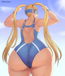 Rule 34 | 1girl, absurdres, artist name, ass, ass focus, back, blonde hair, blue eyes, flexing, from behind, highres, huge ass, long hair, mask, one-piece swimsuit, rainbow mika, shymarplus, sky, smile, solo, street fighter, street fighter v, swimsuit, thick thighs, thighs, twintails, wide hips