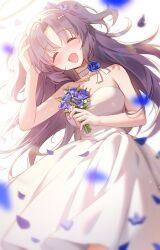 Rule 34 | 1girl, :d, ^ ^, alternate costume, bare shoulders, blue archive, blurry, breasts, choker, cleavage, closed eyes, collarbone, commentary request, depth of field, dress, falling petals, flower, hair flower, hair ornament, halo, head tilt, highres, holding, holding flower, long hair, looking at viewer, medium breasts, open mouth, parted bangs, petals, picter, purple hair, simple background, sleeveless, smile, solo, strapless, strapless dress, two side up, wedding dress, white background, white choker, white dress, wind, yuuka (blue archive)