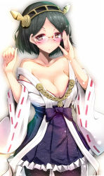 Rule 34 | 10s, 1girl, adjusting eyewear, bare shoulders, black hair, blush, breasts, cleavage, collarbone, detached sleeves, female focus, glasses, hairband, heart, heart-shaped pupils, highres, japanese clothes, kantai collection, kirishima (kancolle), looking at viewer, natsu (anta tte hitoha), off shoulder, open mouth, pantyhose, personification, short hair, skirt, solo, symbol-shaped pupils