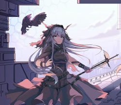 Rule 34 | 2girls, alternate eye color, arknights, belt, bird, black belt, black capelet, black dress, blue eyes, breasts, capelet, commentary request, cowboy shot, dress, high collar, highres, holding, holding staff, horns, long hair, looking at viewer, medium breasts, multiple girls, nightingale (arknights), out of frame, shining (arknights), silver hair, solo focus, staff, standing, v-shaped eyebrows, zhax