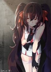 Rule 34 | 1girl, black gloves, blush, breasts, brown eyes, commentary request, concrete, dated, finger to mouth, fingerless gloves, girls&#039; frontline, gloves, hair between eyes, hair ribbon, highres, leaning forward, long hair, looking to the side, necktie, red necktie, ribbon, ripod, shadow, shirt, shushing, skirt, sleeveless, sleeveless shirt, solo, thighhighs, twintails, type 97 (girls&#039; frontline), very long hair, white thighhighs, yellow eyes