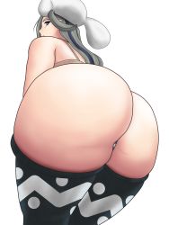 Rule 34 | 1girl, absurdres, ass, ass focus, bent over, black pantyhose, blue eyes, clothes pull, commentary, creatures (company), game freak, hat, highres, huge ass, kilroylw, long hair, looking at viewer, looking back, melony (pokemon), nintendo, panties, pantyhose, pantyhose pull, pokemon, pokemon swsh, silver hair, simple background, solo, striped clothes, striped panties, thong, underwear, white background, white hat