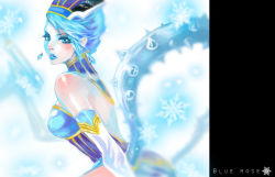 Rule 34 | 10s, 1girl, backless outfit, bare shoulders, blue eyes, blue hair, blue rose (tiger &amp; bunny), blush, breasts, character name, cleavage, earrings, elbow gloves, female focus, gloves, gradient background, hat, jewelry, karina lyle, lips, lipstick, makeup, matching hair/eyes, medium breasts, short hair, siyouko, solo, superhero costume, tiger &amp; bunny, white background