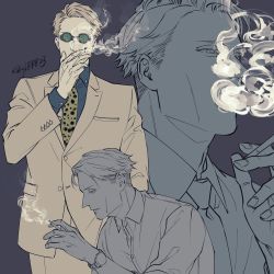 Rule 34 | 1boy, animal print, blonde hair, blue shirt, buttons, cigarette, collared shirt, formal, goggles, holding, holding cigarette, jujutsu kaisen, leopard print, long sleeves, looking at viewer, male focus, nanami kento, necktie, parted lips, shirt, short hair, sleeves rolled up, smoking, solo, standing, suit, twitter username, upper body, watch, yellow necktie, ykrrr23