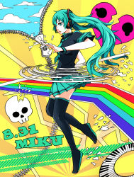 Rule 34 | 1girl, alternate legwear, bad id, bad pixiv id, boots, character name, dated, green eyes, green hair, hatsune miku, long hair, matching hair/eyes, necktie, piano keys, skirt, solo, thigh boots, thighhighs, twintails, very long hair, vocaloid, zipper