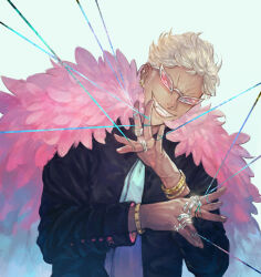 Rule 34 | 1boy, arms up, black suit, blonde hair, buttoned cuffs, buttons, coat, donquixote doflamingo, earrings, feather coat, formal, ghen2212, grin, highres, jewelry, looking at viewer, multiple bracelets, multiple rings, necktie, one piece, pink-tinted eyewear, pink coat, ring, short hair, skull and crossbones, smile, suit, sunglasses, thread, tinted eyewear, upper body, white-framed eyewear, white necktie