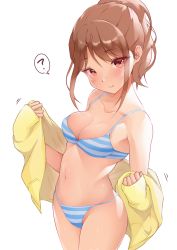Rule 34 | 1girl, ?, absurdres, backlighting, bikini, blush, breasts, brown hair, cameltoe, collarbone, cowboy shot, head tilt, highres, jacket, looking at viewer, medium breasts, mole, mole under eye, motion lines, navel, no pants, off shoulder, open clothes, open jacket, original, ponytail, red eyes, sak1023, sidelocks, simple background, sleeves past wrists, smile, solo, speech bubble, standing, striped bikini, striped clothes, swimsuit, track jacket, undressing, yellow jacket