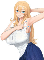 Rule 34 | 1girl, arm up, armpits, blonde hair, blue eyes, blue nails, blue skirt, blush, breasts, claire lamund (nhaliz), collared shirt, commentary request, fingernails, hair between eyes, highres, large breasts, looking at viewer, midriff peek, mole above eye, nail polish, nhaliz, original, paid reward available, presenting armpit, shirt, simple background, skirt, sleeveless, sleeveless shirt, smile, solo, spread armpit, upper body, white background, white shirt