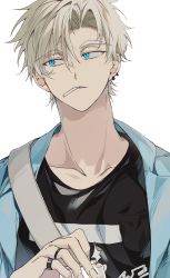 Rule 34 | 1boy, absurdres, bishounen, black shirt, blonde hair, blue eyes, can, cigarette, collarbone, earrings, eyes visible through hair, highres, holding, holding can, in mouth, jewelry, male focus, multiple rings, opening can, original, pinky ring, platinum blonde hair, ring, shirt, smoking, solo, strap, timy505, white background