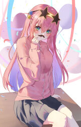 Rule 34 | 1girl, absurdres, arm at side, balloon, black skirt, blue eyes, blush, bocchi the rock!, commentary, confetti, cowboy shot, cube hair ornament, eyelashes, eyes visible through hair, eyewear on head, fake facial hair, fake mustache, gotoh hitori, hair between eyes, hair ornament, hand up, heart balloon, highres, jacket, lips, long hair, looking at viewer, miniskirt, one side up, parted lips, pink hair, pink jacket, pleated skirt, school uniform, sitting, skirt, sleeves past wrists, solo, star-shaped eyewear, star (symbol), straight hair, sty, sunglasses, track suit, upturned eyes, very long hair, white background