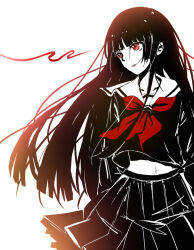 Rule 34 | 1girl, backlighting, black hair, black serafuku, black skirt, chinese commentary, collarbone, commentary request, cowboy shot, enma ai, hime cut, huhv., jigoku shoujo, long hair, looking to the side, midriff, mixed-language commentary, monochrome, neckerchief, parted lips, pleated skirt, red eyes, red neckerchief, sailor collar, school uniform, serafuku, simple background, skirt, solo, spot color, very long hair, white background, white sailor collar