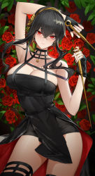 Rule 34 | 1girl, absurdres, arm behind back, arm up, armpits, artificial flower, black dress, black gloves, black hair, black thighhighs, breasts, cleavage, closed mouth, contrapposto, dagger, dress, dual wielding, earrings, fingerless gloves, flower, genera-x, gloves, hair between eyes, hair flower, hair ornament, highres, holding, holding weapon, jewelry, knife, large breasts, lipstick, looking at viewer, makeup, red eyes, short hair with long locks, sidelocks, sleeveless, sleeveless dress, smile, solo, spy x family, stiletto (weapon), thighhighs, thighs, waist cape, weapon, yellow flower, yor briar