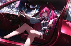 Rule 34 | 1girl, belt, breasts, building, car, charm (object), feet out of frame, heterochromia, highres, hololive, hololive english, horns, irys (hololive), looking at viewer, medium breasts, mirror, motor vehicle, night, pink hair, ponytail, sitting, skirt, smile, steering wheel, sunglasses, virtual youtuber