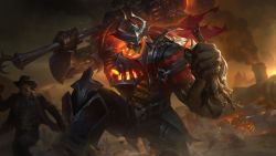 Rule 34 | 3boys, absurdres, armor, armored boots, artist request, belt, boots, breastplate, cactus, clenched hand, cowboy hat, facial hair, fake horns, fleeing, glowing, glowing eyes, hands up, hat, helm, helmet, high noon mordekaiser, highres, holding, holding person, holding weapon, horned helmet, horns, jacket, league of legends, looking at another, male focus, monster, mordekaiser, multiple boys, mustache, official art, on one knee, open clothes, open jacket, outdoors, pants, railroad tracks, running, train, weapon