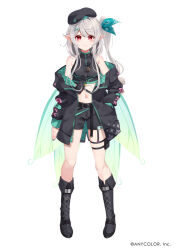 Rule 34 | 1girl, alternate hair color, bare shoulders, belt, beret, black belt, black footwear, black hat, black jacket, black shorts, blush, boots, bow, closed mouth, copyright name, crop top, fairy wings, full body, green bow, green wings, grey hair, hair bow, hair ornament, hand in pocket, hat, jacket, knee boots, kujou ichiso, long hair, long sleeves, looking at viewer, navel, nijisanji, nijisanji en, o-ring, off shoulder, official alternate costume, official alternate hair color, official art, open clothes, open jacket, pointy ears, pomu rainpuff, pomu rainpuff (3rd costume), ponytail, red eyes, shorts, side ponytail, simple background, sleeveless, smile, solo, tachi-e, thigh strap, virtual youtuber, white background, wings, x hair ornament
