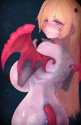 Rule 34 | 1girl, absurdres, android, blonde hair, blue eyes, blush, book, breasts, commentary, dragon girl, dragon tail, dragon wings, english commentary, from behind, hair behind ear, highres, hime hajime, holding, holding book, hub (sendusend), large breasts, long hair, looking at viewer, looking back, machinery, nude, object through head, screw in head, sideboob, smile, solo, spine, tail, very long hair, virtual youtuber, vshojo, wings