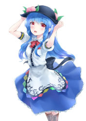Rule 34 | 1girl, :d, aldehyde, bad id, bad pixiv id, blue hair, female focus, food, fruit, hat, hinanawi tenshi, long hair, open mouth, peach, red eyes, simple background, skirt, smile, solo, touhou, white background