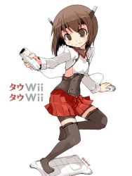 Rule 34 | 10s, 1girl, bike shorts, black thighhighs, brown eyes, brown hair, controller, flat chest, full body, game console, game controller, headband, headgear, kanoe soushi, kantai collection, long sleeves, nintendo, playing games, pleated skirt, short hair, signature, simple background, skirt, solo, standing, standing on one leg, sweat, taihou (kancolle), thighhighs, weapon, wii, wii balance board, wii remote, zettai ryouiki